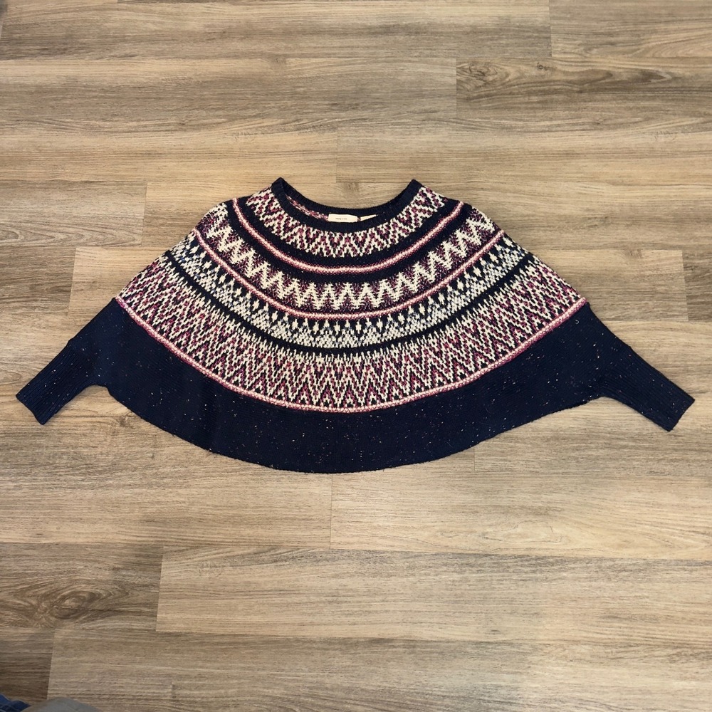Sleeping on Snow Anthropologie Midland Fair Isle Poncho Sweater Navy Blue M/L P